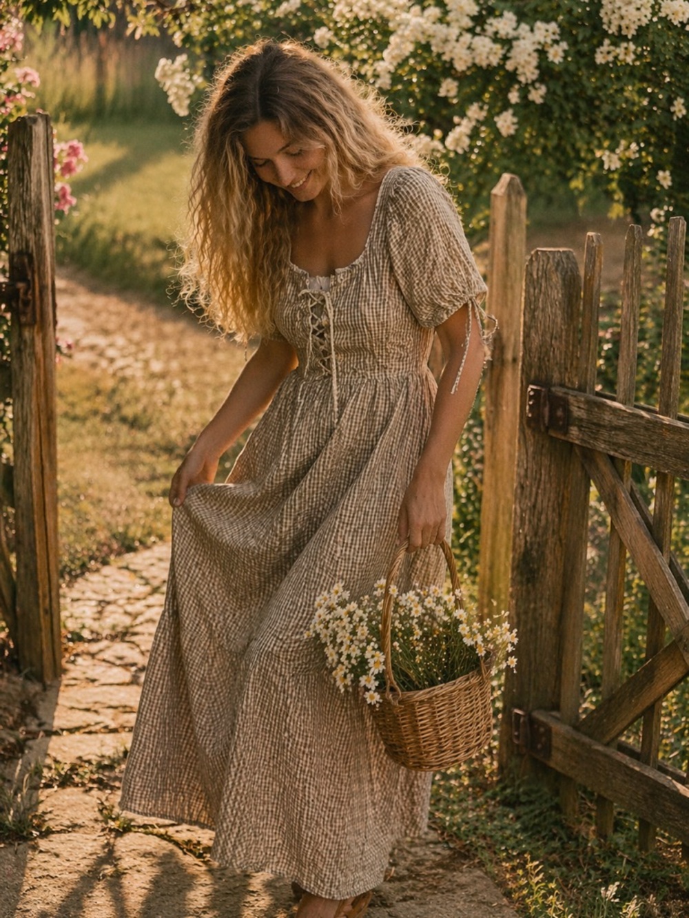 Neuflora Gingham Lace-Up Midi Dress in Taupe Cottagecore Smocked Back Size XL